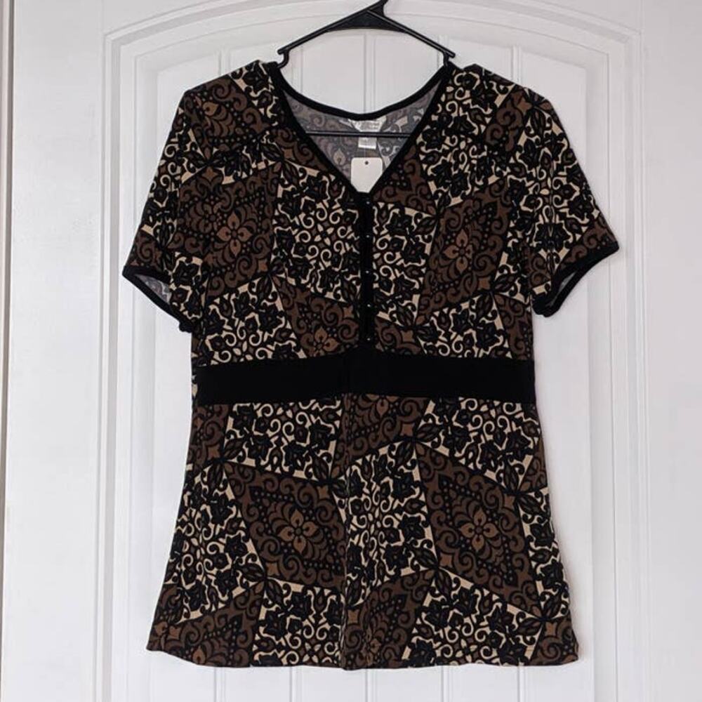 Christopher & Banks Blouse Brown Printed Workwear M V Neck Top Career Button‎